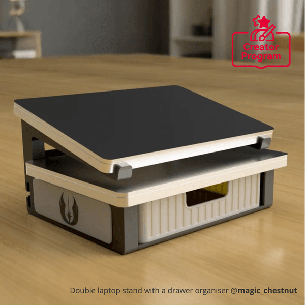 Double laptop stand with a drawer organiser