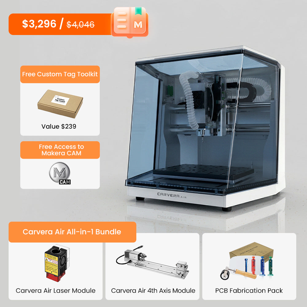 Makera Carvera Air Desktop CNC Machine – Enclosed Smart CNC for Milling, PCB Making, Prototyping & Optional 4th Axis/Laser