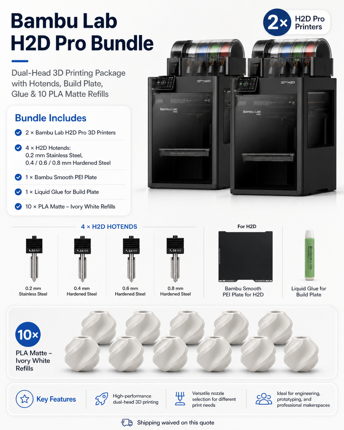 Bambu Lab H2D Pro bundle with 2 printers and accessories