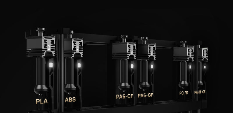 Revolutionary Vortek Nozzle Swapping System--The Vortek system parks and swaps entire hotends instead of purging filament, so material changes are cleaner and much faster. This drastically cuts waste and keeps multi‑material prints consistent even on long, complex jobs.9
