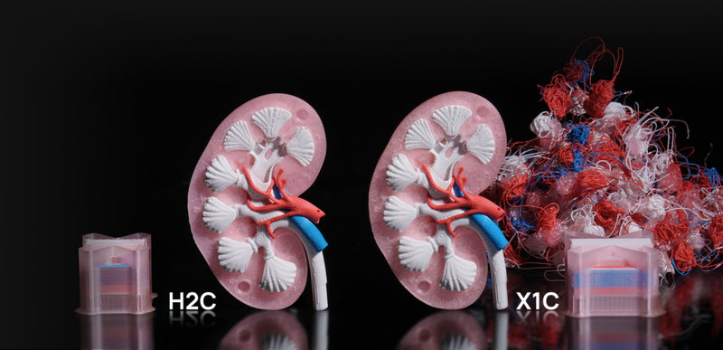 Minimal Purge Waste Multi-Color Printing--Minimal purge waste multi‑color printing lets the H2C swap colors with far less filament thrown away on wipe or purge towers. The Vortek hotend system assigns each color its own nozzle, so you get vibrant multi‑color parts while saving material and reducing cleanup.1