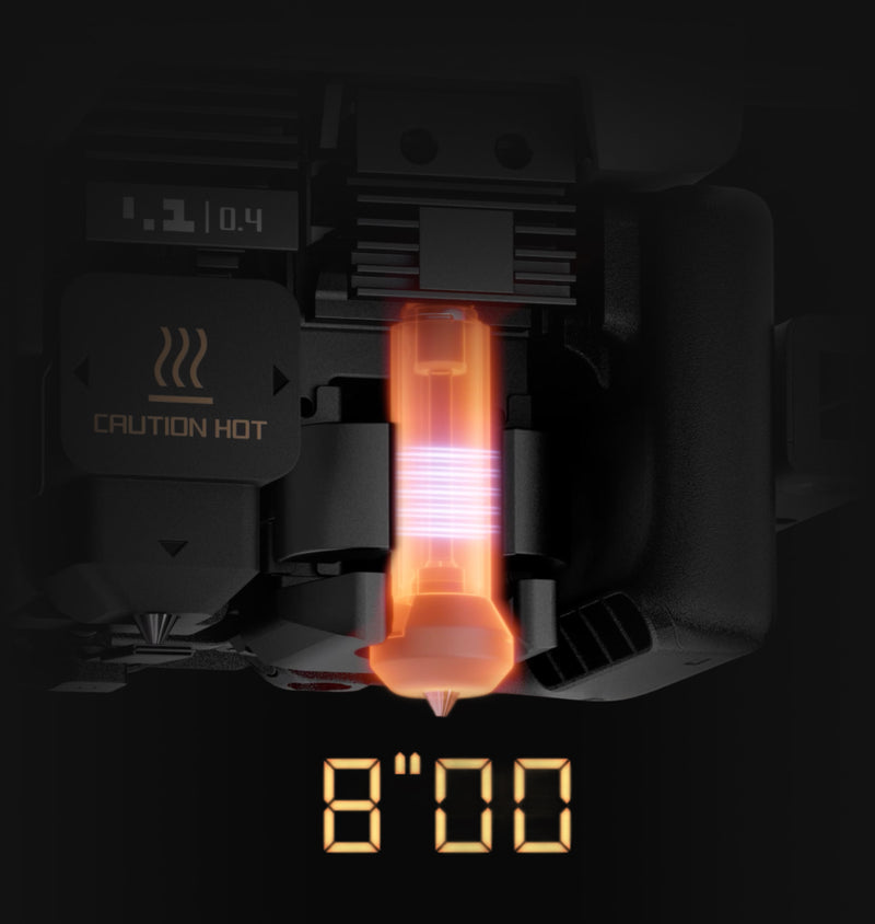 Ultra-fast 8-Second Induction Heating--Induction heating brings the hotend up to temperature in just a few seconds, reducing waiting time between filament or hotend changes. This means faster multi‑material prints and higher productivity on every project.7